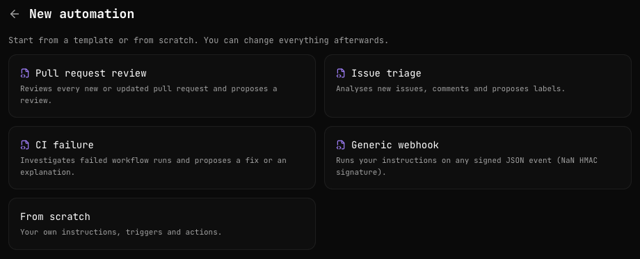 Página New automation con cinco plantillas: Pull request review, Issue triage, CI failure, Generic webhook y From scratch