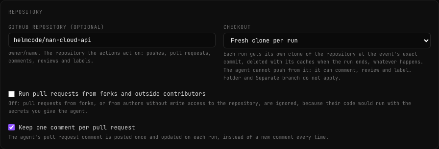 Tarjeta Repository: GitHub repository (optional) con helmcode/nan-cloud-api, Checkout con Fresh clone per run, Run pull requests from forks and outside contributors sin marcar y Keep one comment per pull request marcado