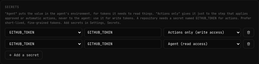 Tarjeta Secrets con dos filas GITHUB_TOKEN: una con Actions only (write access) y la otra con Agent (read access)