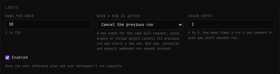 Tarjeta Limits: Runs per hour 30, When a run is active con Cancel the previous run, Chain depth 2 y Enabled marcado
