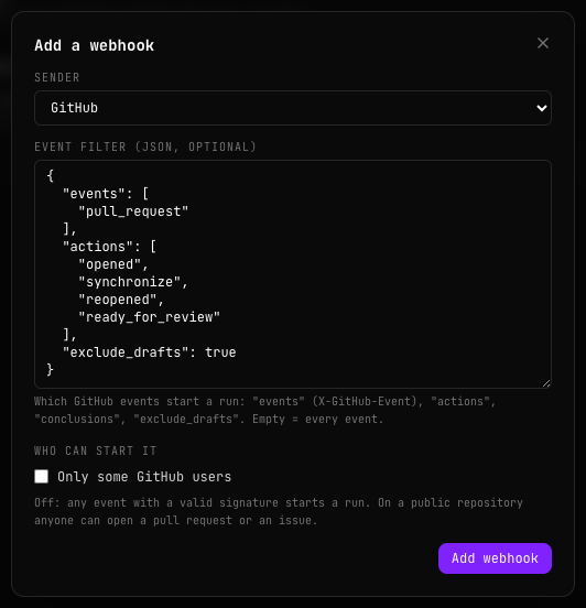 Diálogo Add a webhook: Sender con GitHub, el filtro de eventos en JSON con events pull_request, actions opened, synchronize, reopened y ready_for_review, exclude_drafts true, la opción Only some GitHub users sin marcar y el botón Add webhook