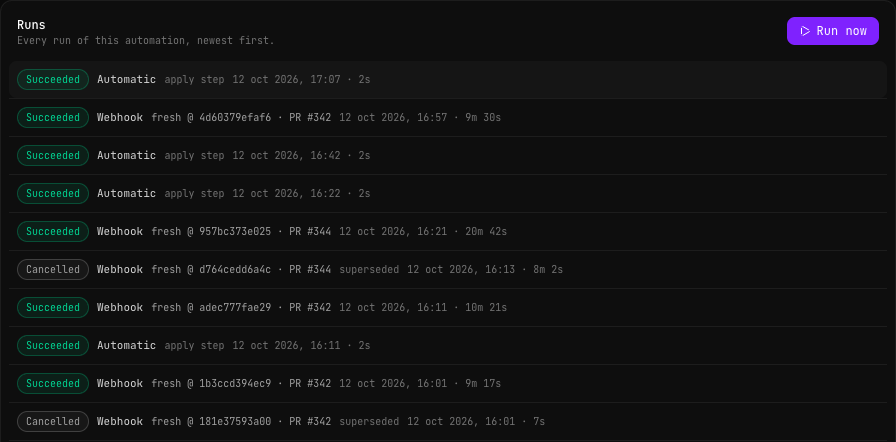 Pestaña Runs del gatekeeper: runs de webhook Succeeded con fresh en un commit y un número de pull request, runs Automatic apply step de dos segundos y dos runs Cancelled marcados como superseded
