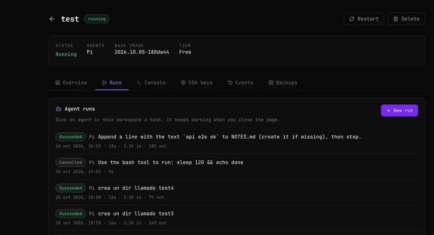 Runs tab of a workspace: the Agent runs card with the New run button and a list of runs, each with its state, agent, task, date, duration and tokens