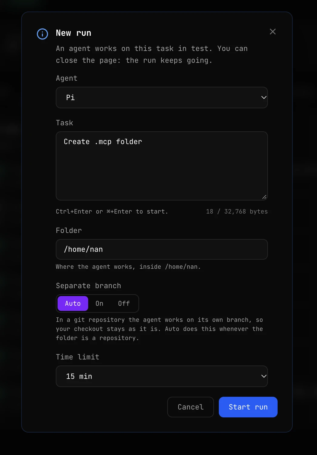 New run form with the Agent selector, the Task box and its byte counter, the Folder field, the Separate branch switch set to Auto, the Time limit selector and the Start run button
