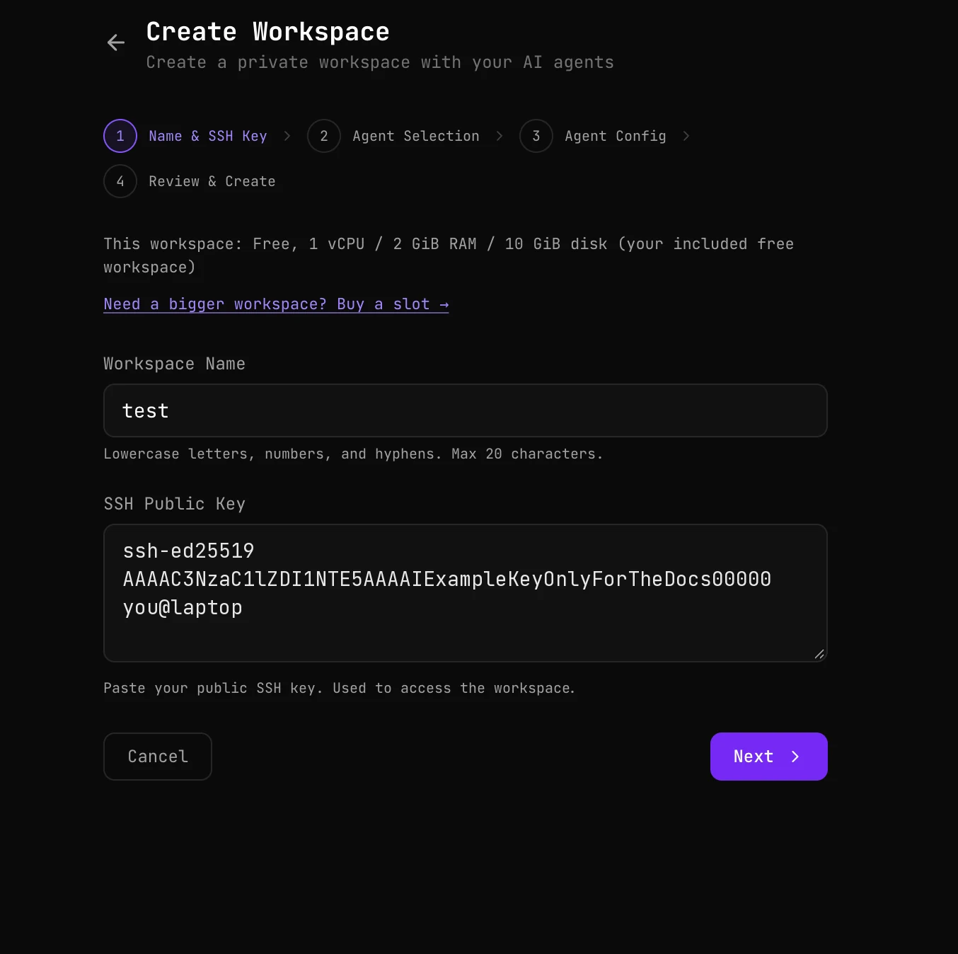 Step 1 of the create wizard: the included free workspace line, the link to buy a bigger slot, the workspace name field and the SSH public key field
