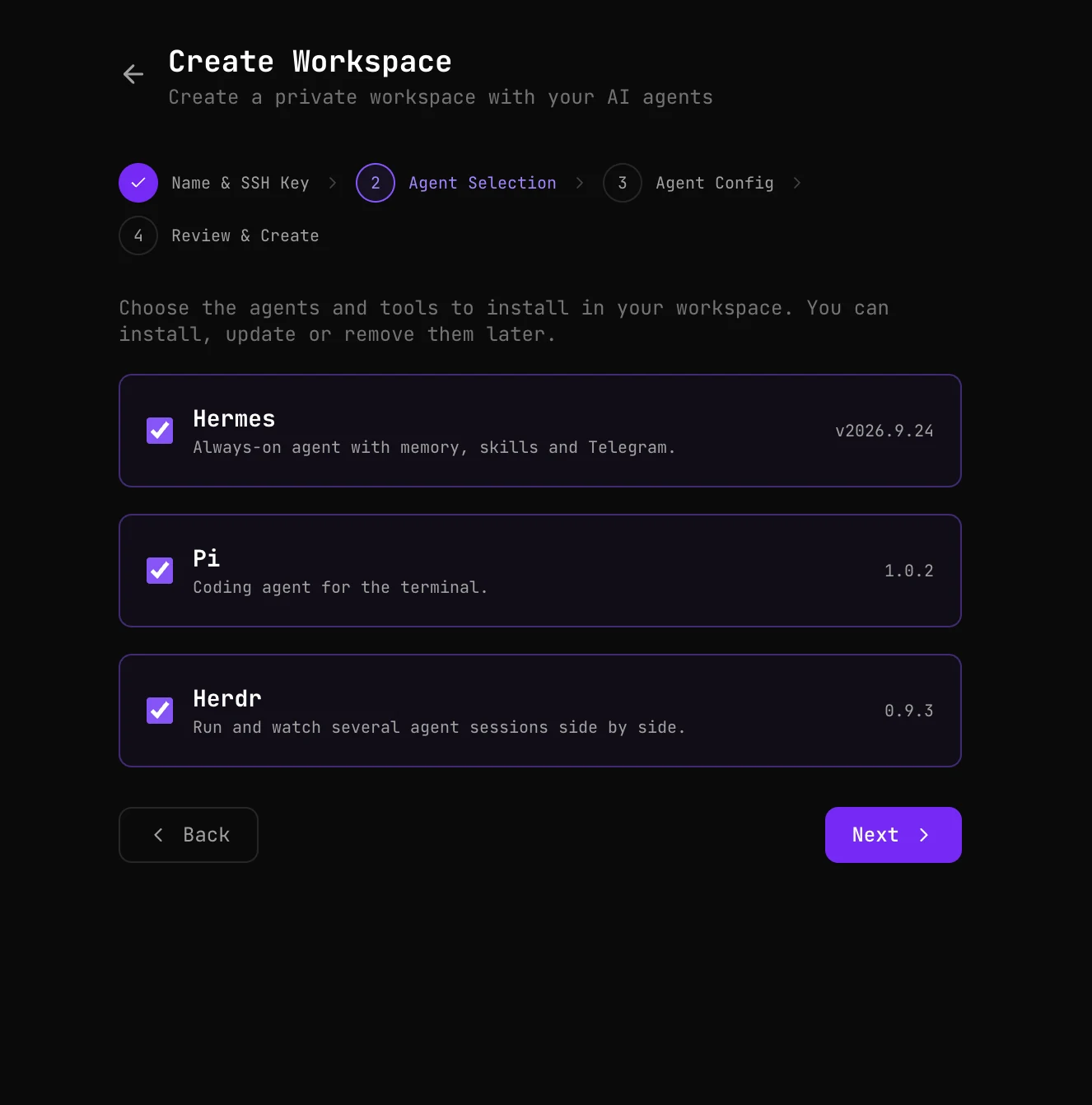 Step 2 of the create wizard: Hermes, Pi and Herdr selected, each with its version
