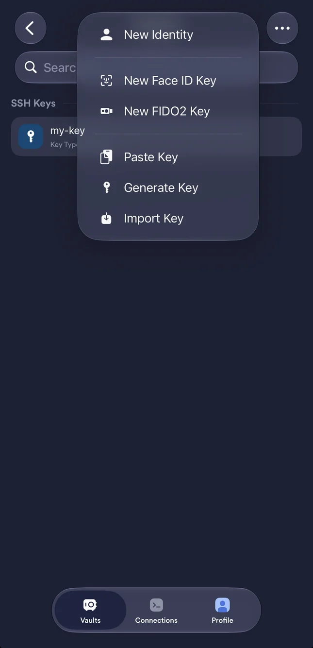 Termius keychain with the + menu open and the Generate Key option