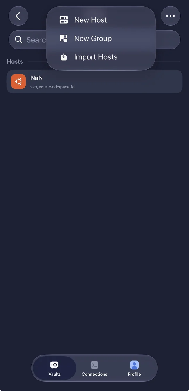 Termius hosts list with the + menu open and the New Host option
