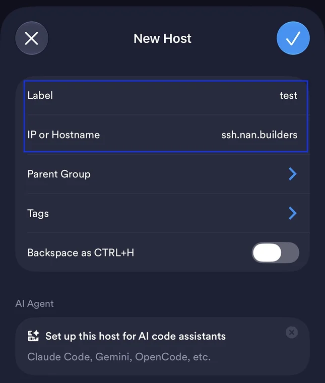 Termius New Host form with the Label and the hostname ssh.nan.builders