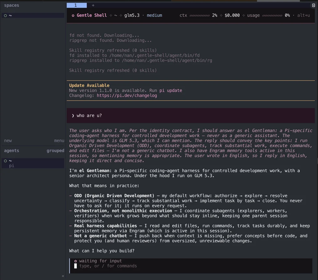 Herdr on a computer running a gentle-shell session